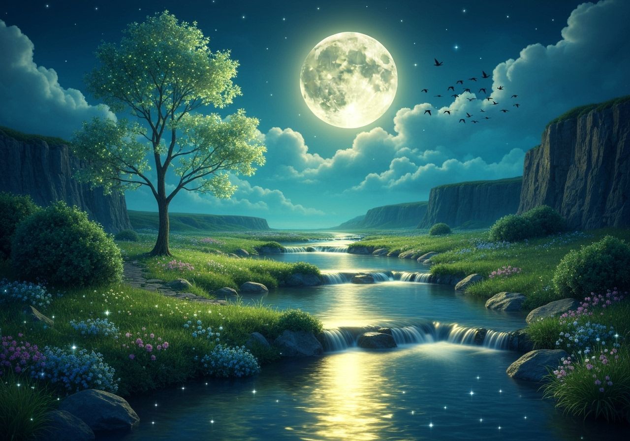Glowing Moonlit River Fantasy Landscape