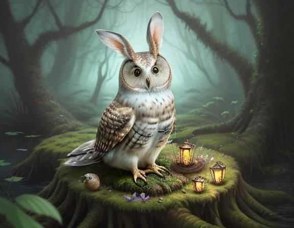 Rabbit-Owl-Carp Creature in Whimsical Digital Art