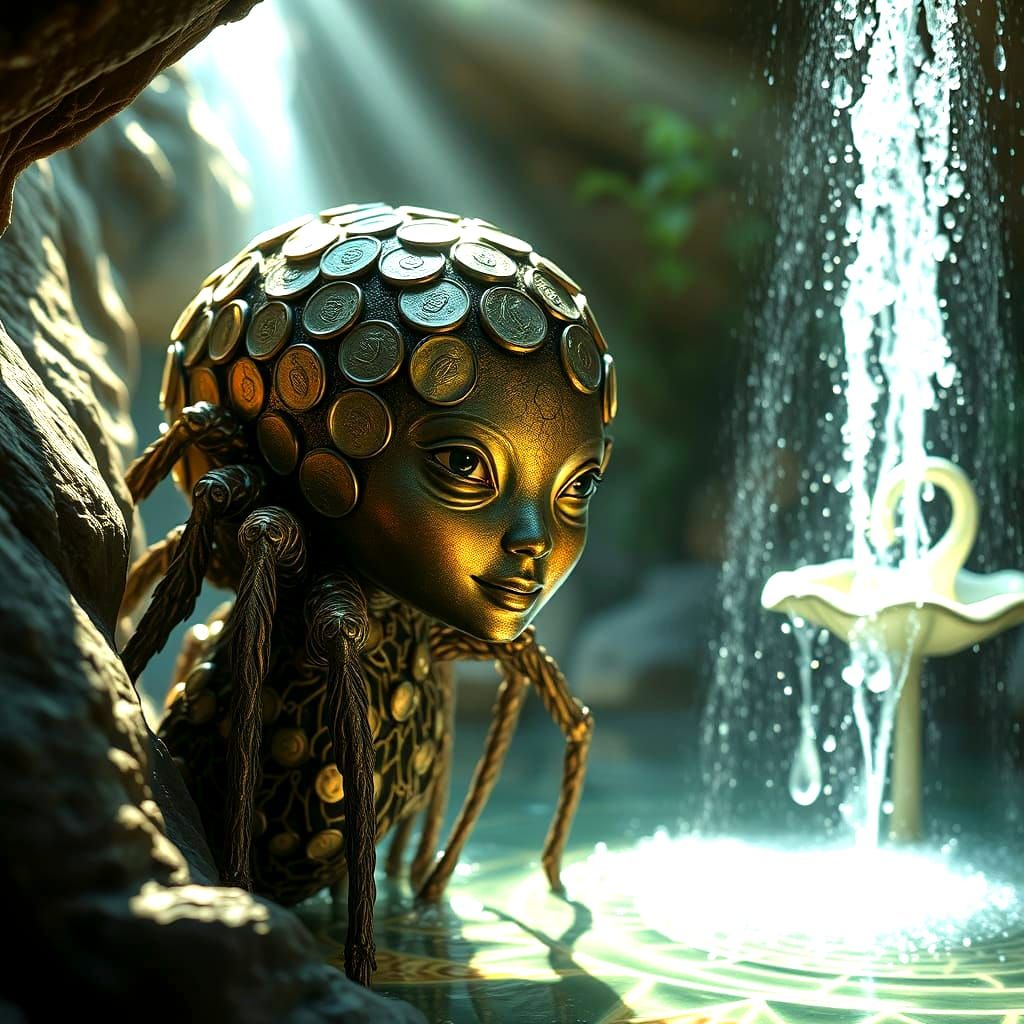 Holographic Nymph-Spider Hybrid in Sunlit Garden