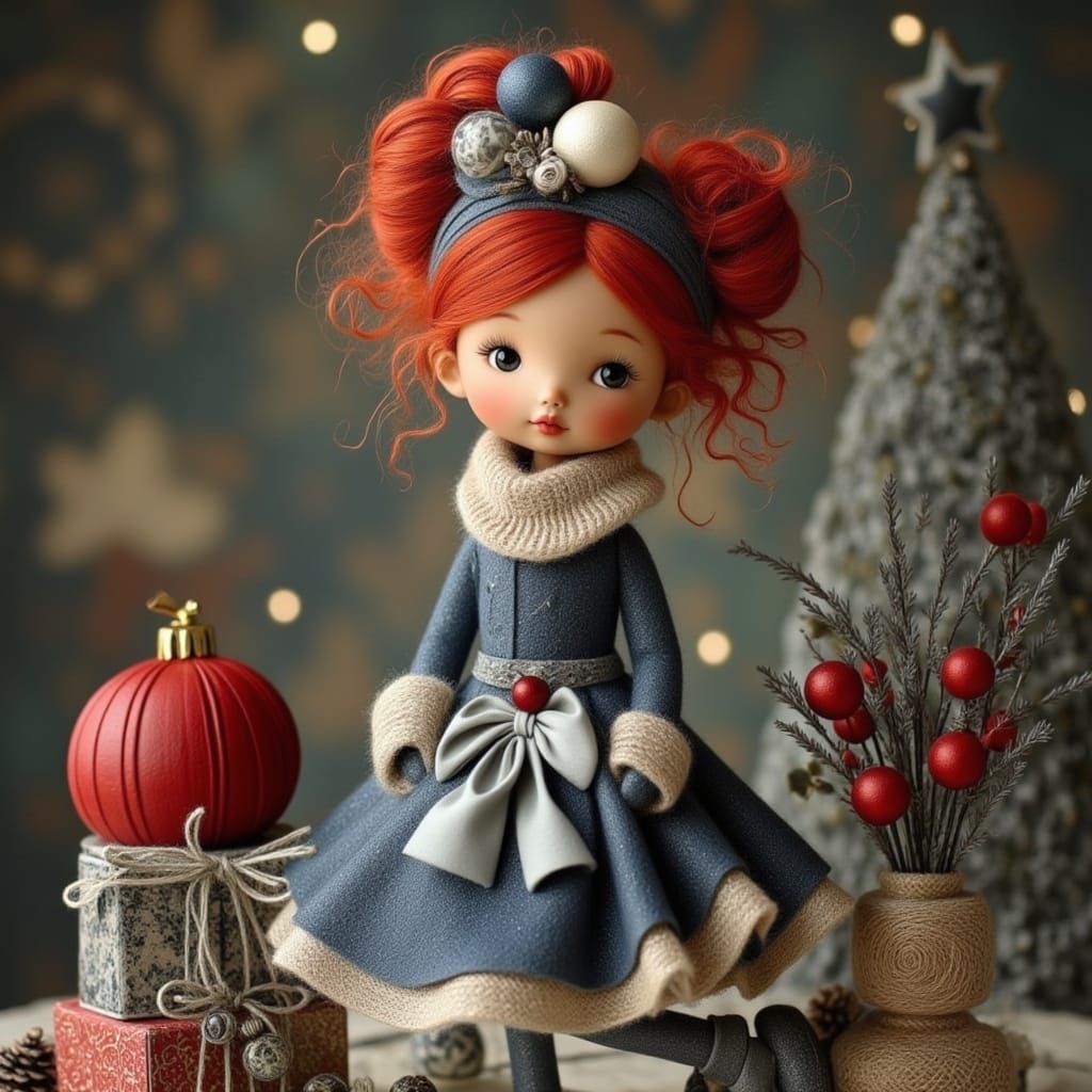Classic Girl in Festive Santa Dress with Golden Red Hair