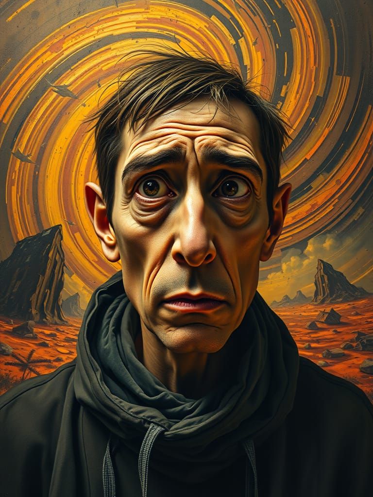 Unique Portrait of Disappointment in Surreal Landscape