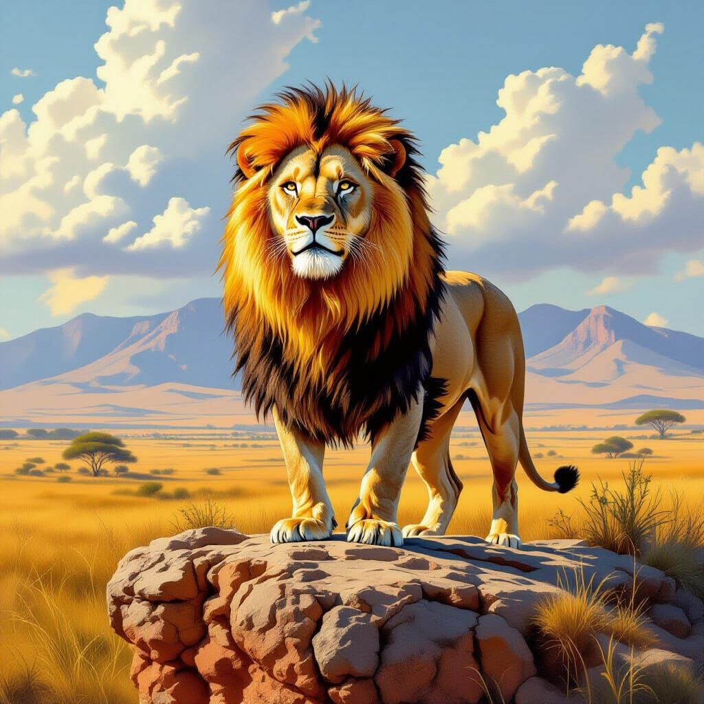 Lion with Golden Mane on Savanna Cliff