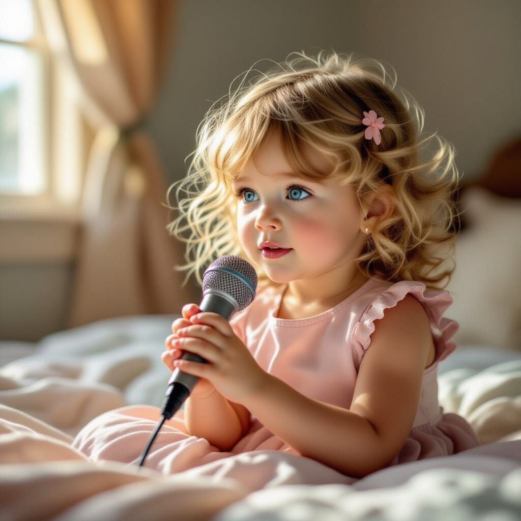 Photorealistic Four-Year-Old Taylor Swift Playing with Micro...