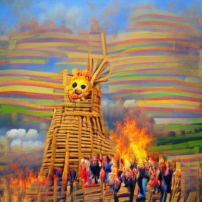 Burning Wicker Man in Rainbow Renaissance Style