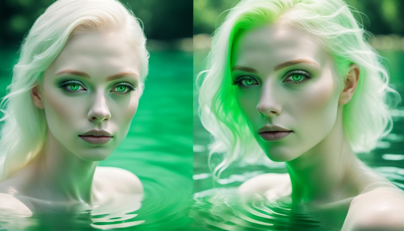 Albino Women Bathing in Crystal Lake: High-Contrast Portrait