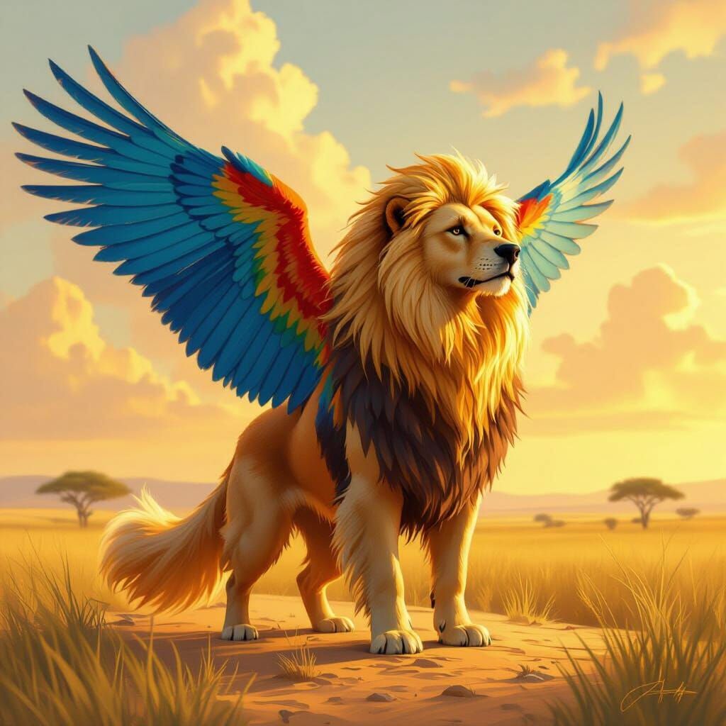 Mythical Beast: Bird Wings, Dog Body, Lion Mane on Savannah