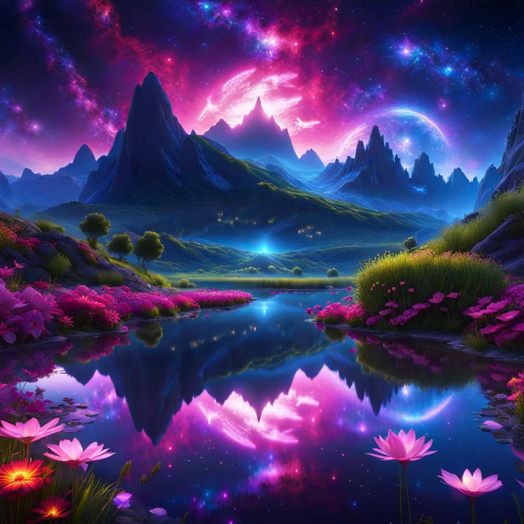 Ethereal Flower Valley with Galactic Nebula, 8K