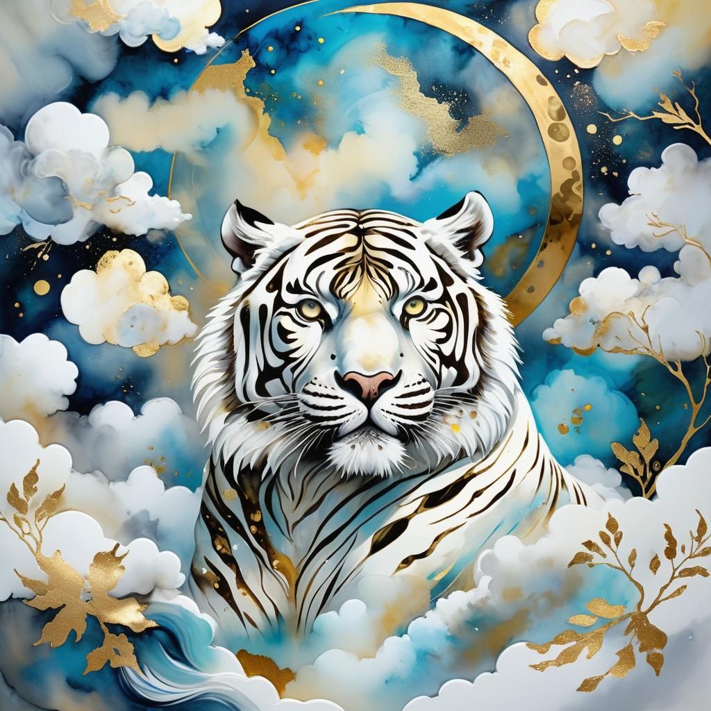Majestic White Tiger on Clouds in Alcohol-Ink Style