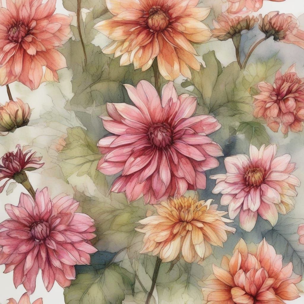 Dahlia Blooms in Vibrant Watercolor Ink Art