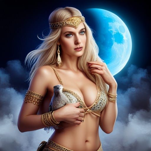 Blond Belly Dancer with Eagle in Moonlight