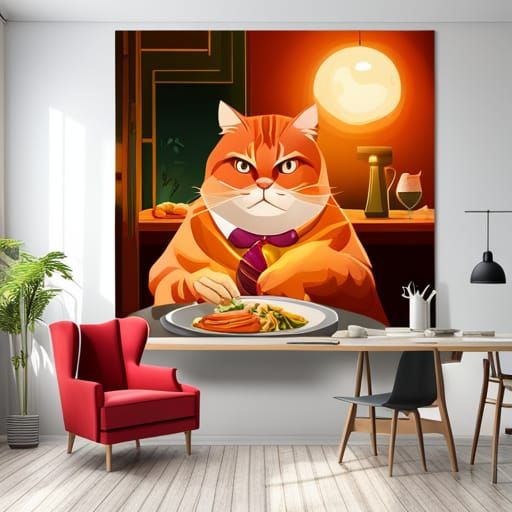 fat cat eating at a restaurant like a human, 8k resolution w...