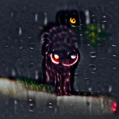 Mysterious Glowing-Eyed Creature in Rainy Darkness