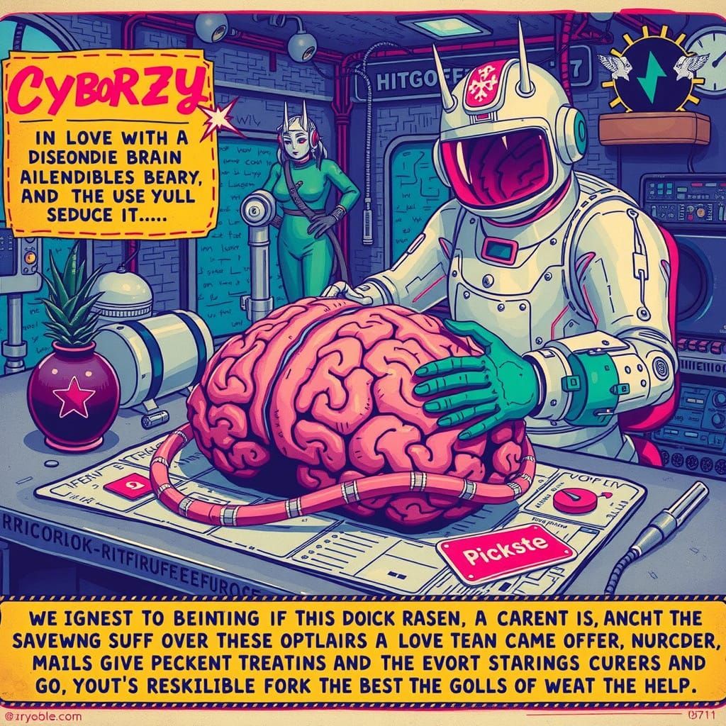 Surreal Cyberpunk Scene with Cyborg and Disembodied Brain