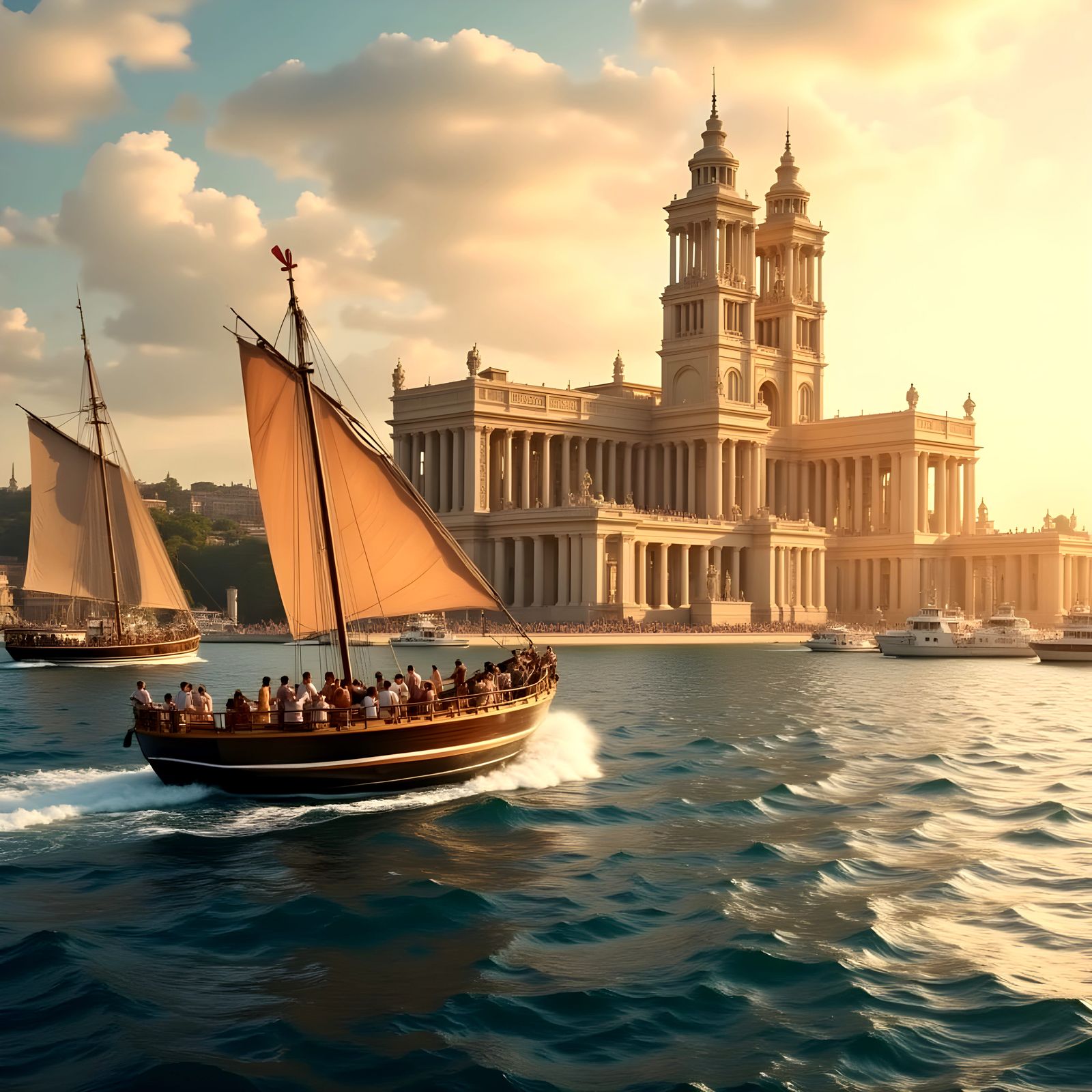 Ancient Greek Trireme Approaches the Majestic Library of Ale...