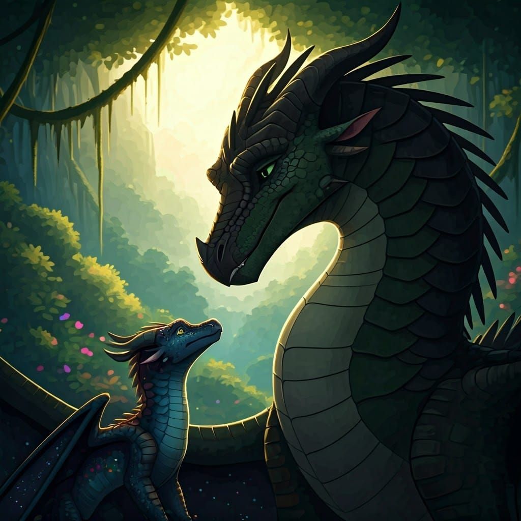 A Motherly Nightwing Dragon in a Vibrant Rainforest