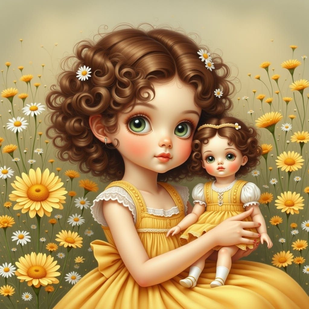 Girl with Doll in Whimsical Watercolor Style