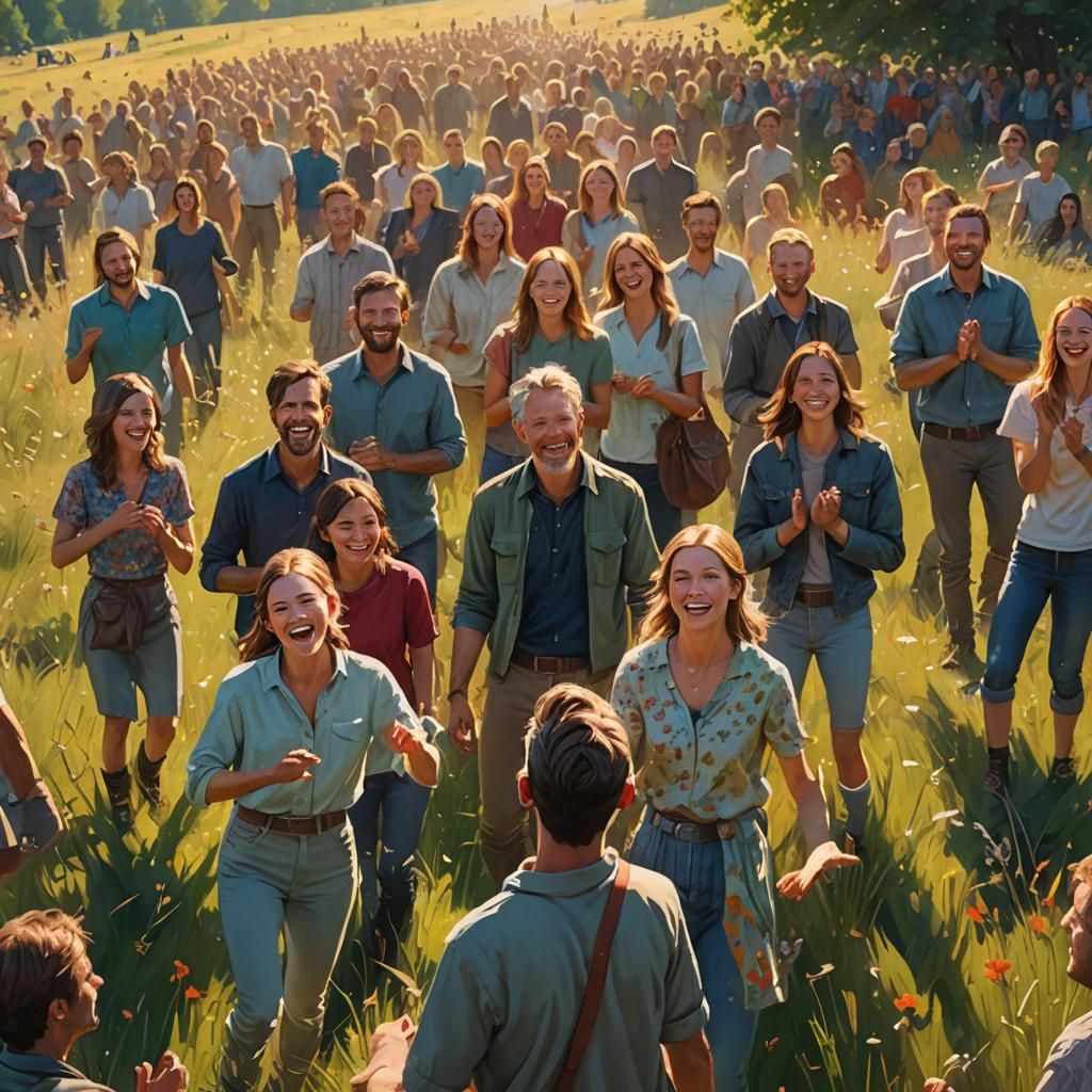 Crowd Applauding in Sun-Drenched Meadow: Hyperrealistic Art