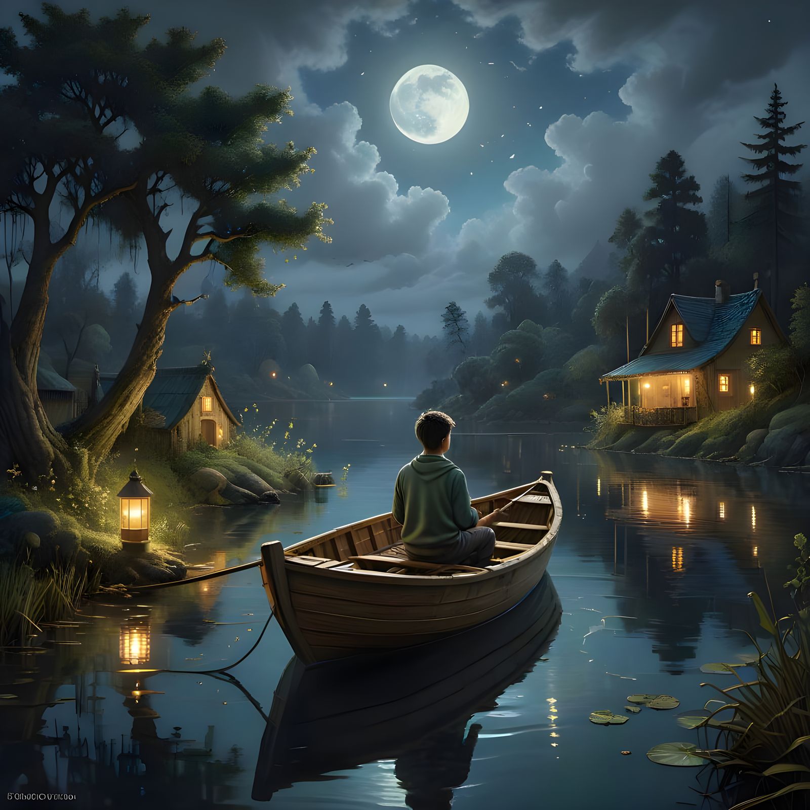 Whimsical Night Fishing Scene in Vibrant Oil Paint