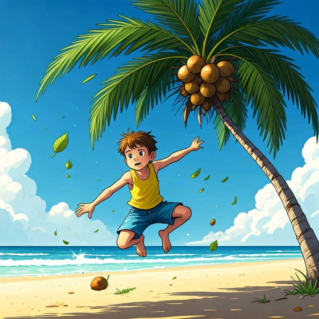 Boy's Energetic Climb Up a Palm Tree