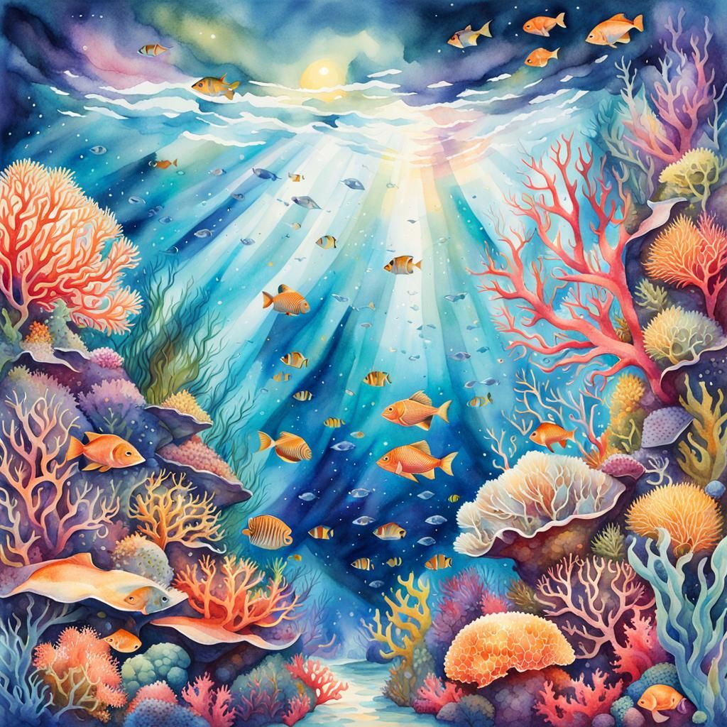 Underwater Coral Reef in Watercolor Gouache Style