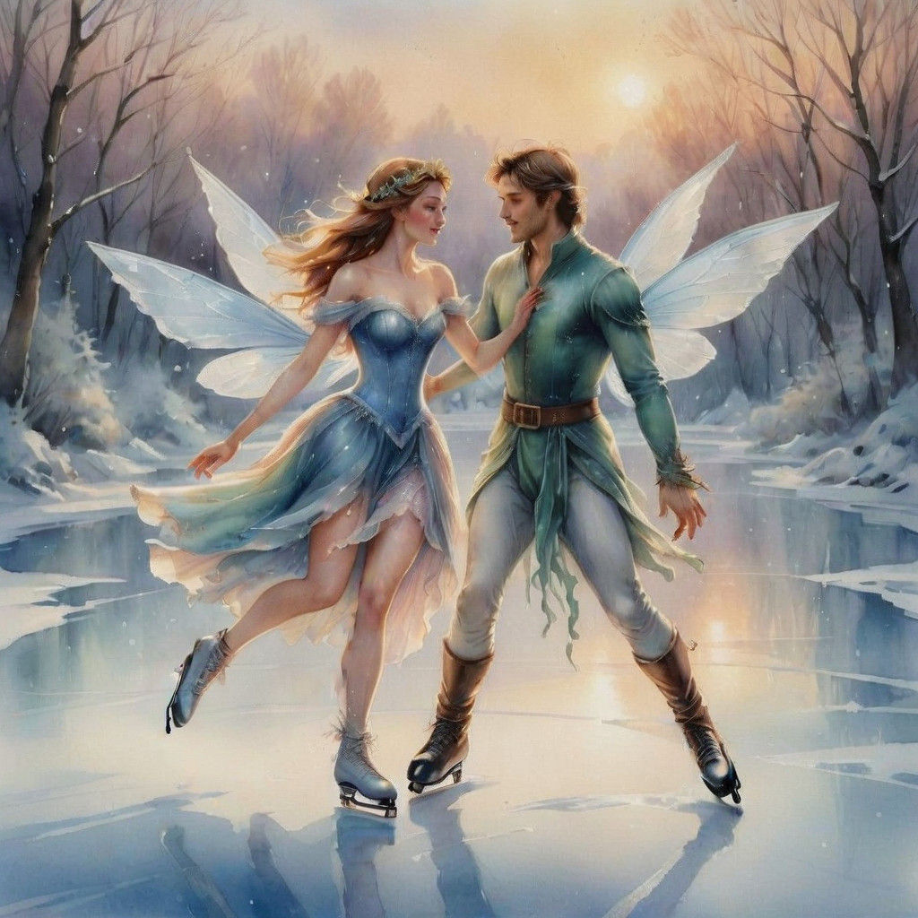 Whimsical Fairy Ice Skating Duo in Watercolor