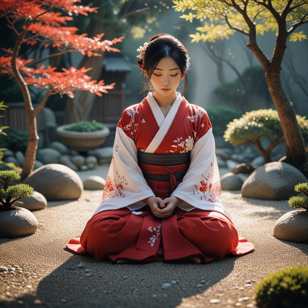 Serene Miko in Zen Garden, Sumi-e Anime Art