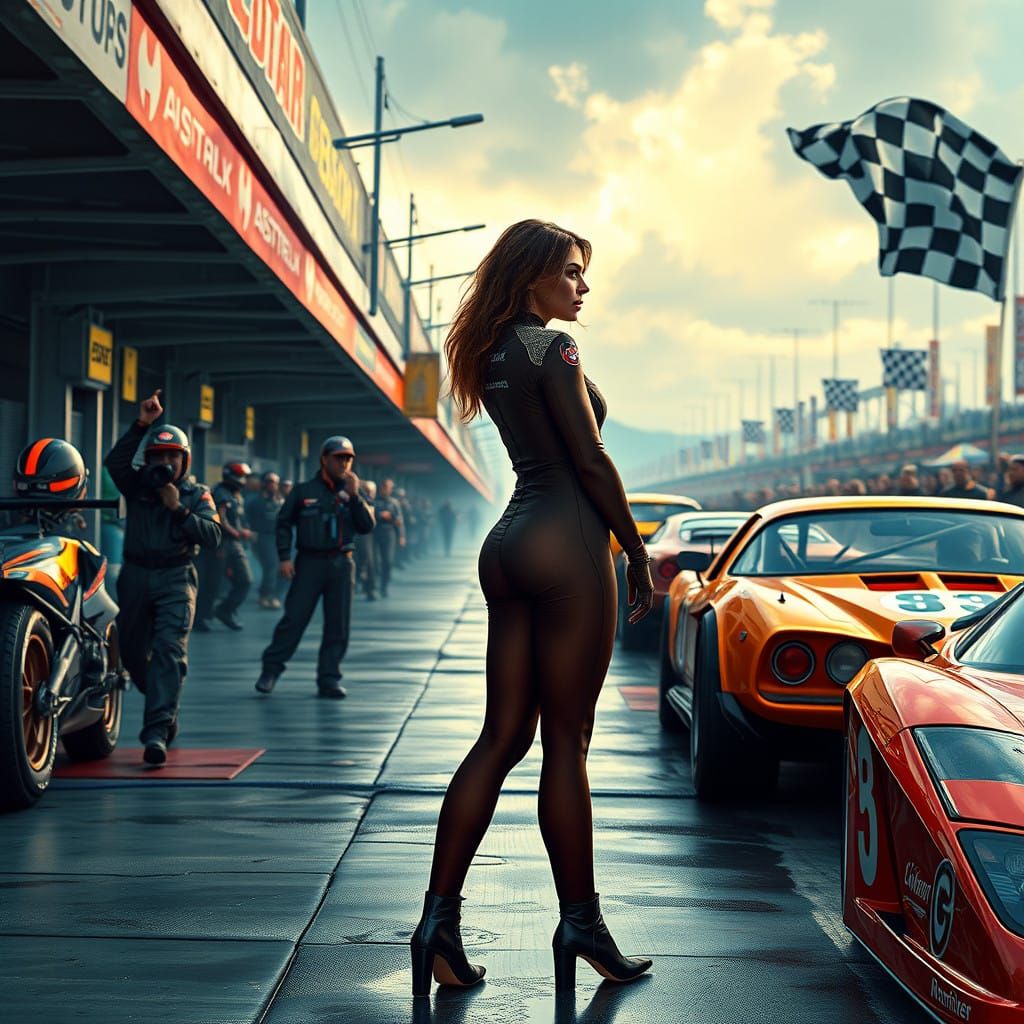 Sleek Racing Pit Girl Surrounded by High-Octane Action