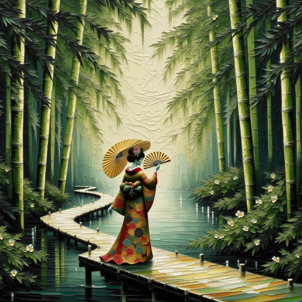 Geisha in Foggy Bamboo Forest - Ukiyo-e Style