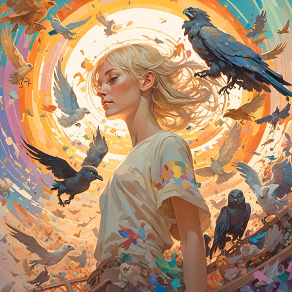 Woman Creates Rainbow Light with Birds, Art Nouveau