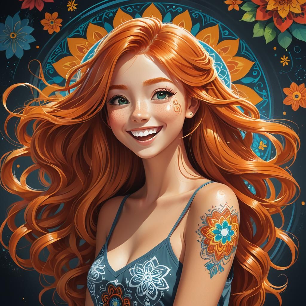 Happy Ginger Woman with Mandala, Anime Style