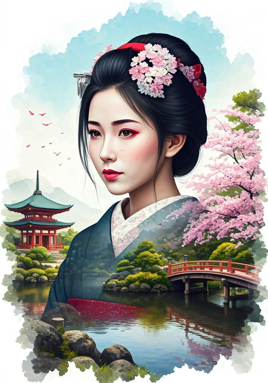Surreal Geisha Amidst Cherry Blossoms Watercolor Painting