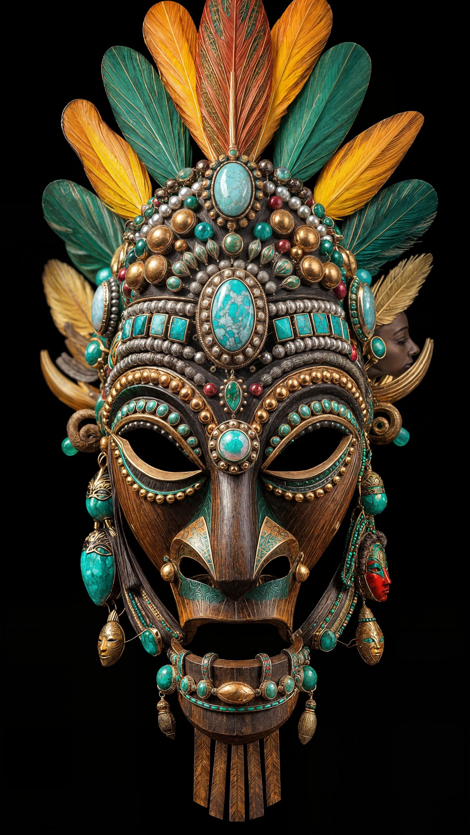Traditional African Tribal Mask with Vibrant Gemstones and T...