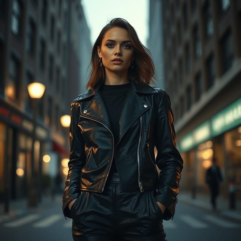 Woman in Leather Jacket Amidst City Lights