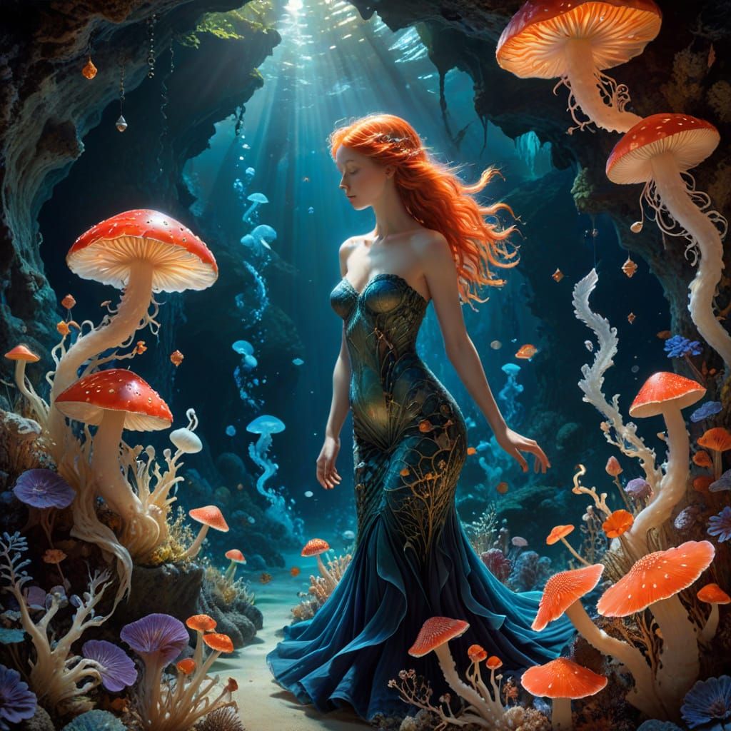 Mermaid Embodies Cosmic Life Force Amidst Glowing Amanita Mu...