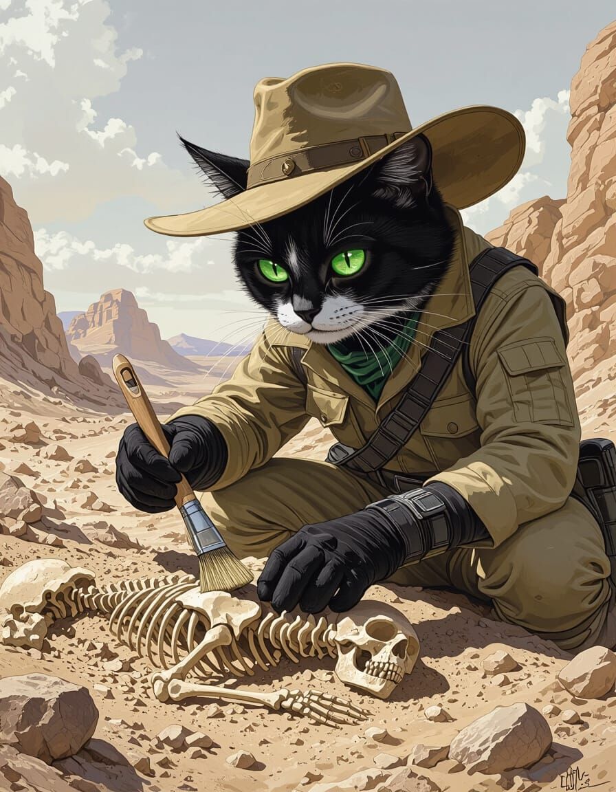 Cat Paleontologist Excavates Human Fossil, Doré Style