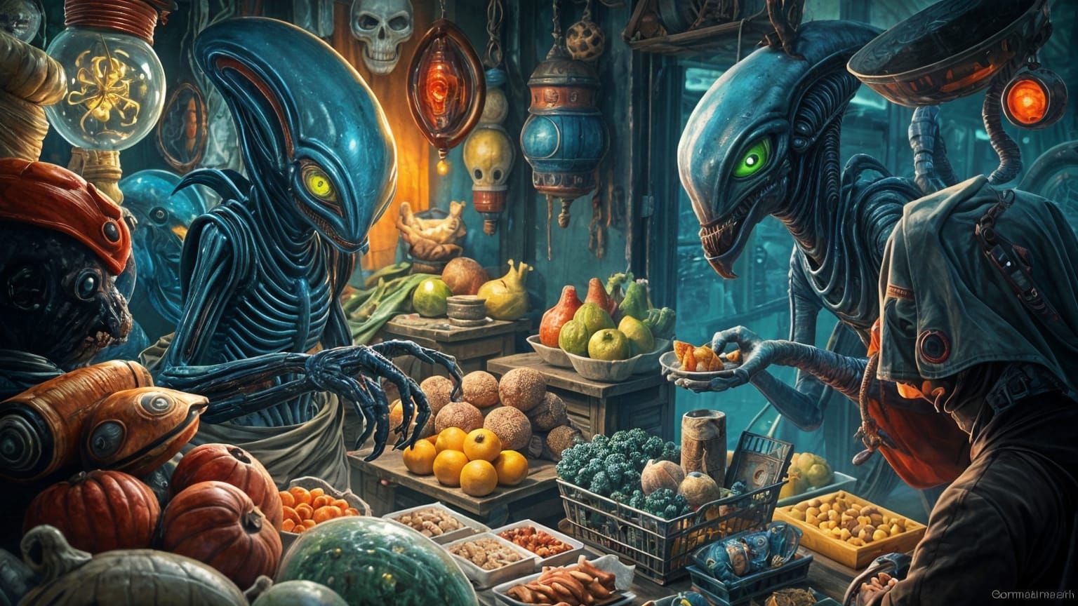 Alien Market Stall with Bioluminescent Foods