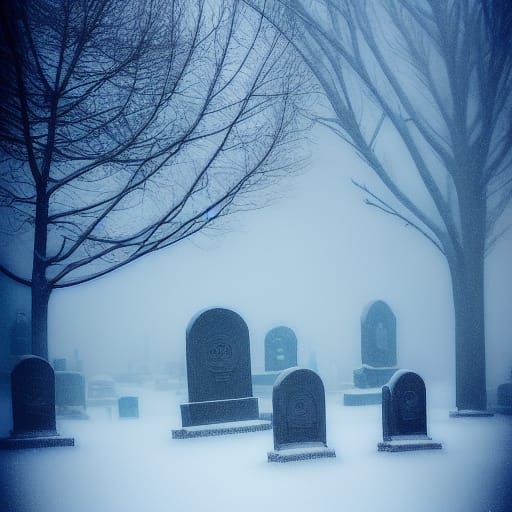 Ominous Winter Graveyard Scene in Mixed Media