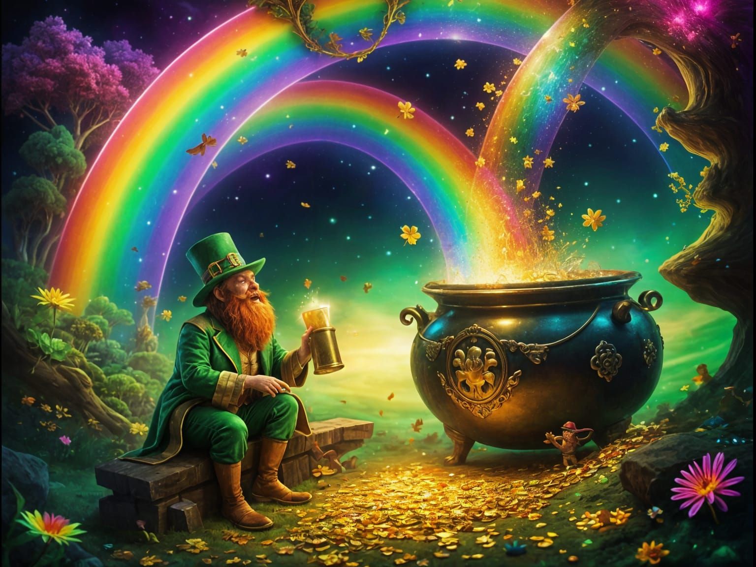 Epic Leprechaun Scene in Vibrant Neon Colors