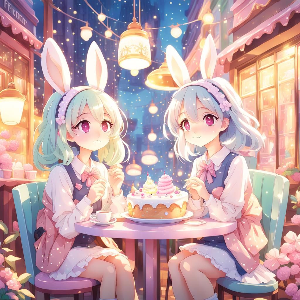 Two Bunny Girls Share Cake: Moe Anime Illustration