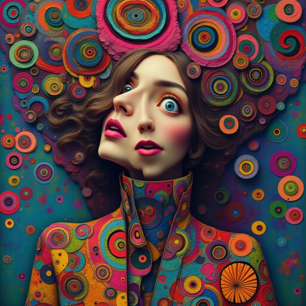 Eclectic Figure Amidst Psychedelic Swirls