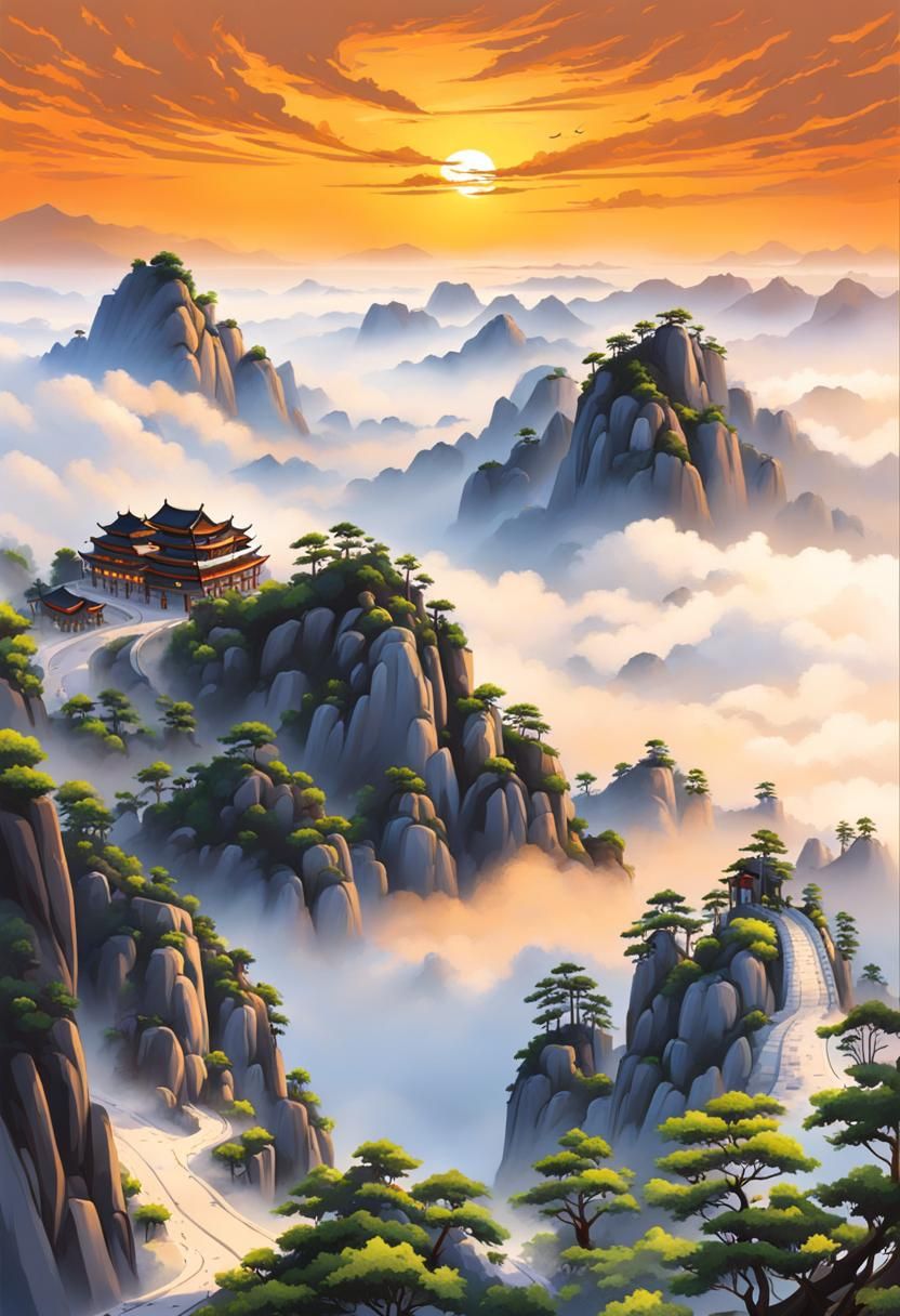Huangshan Mountain Landscape with Hui Buildings