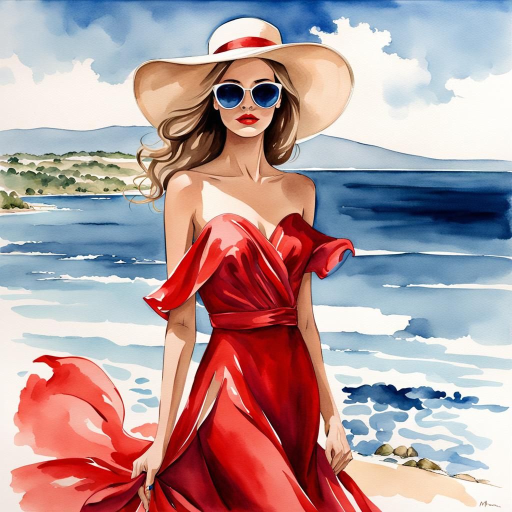Elegant Woman in Red Dress: Watercolor Fashion Illustration