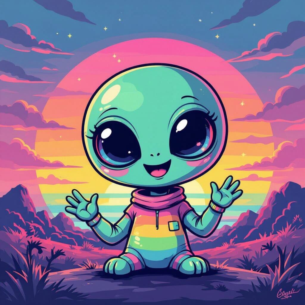 Joyful Alien in Synthwave Crayon Sunset