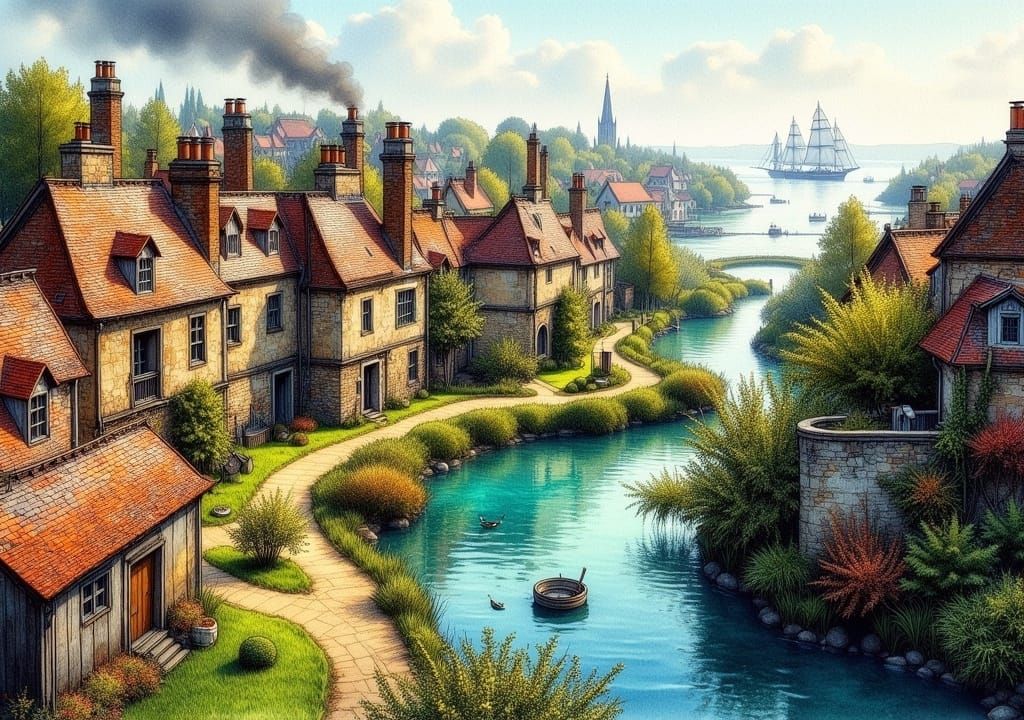 Aerial View of Ancient Town in Pencil Sketch Style