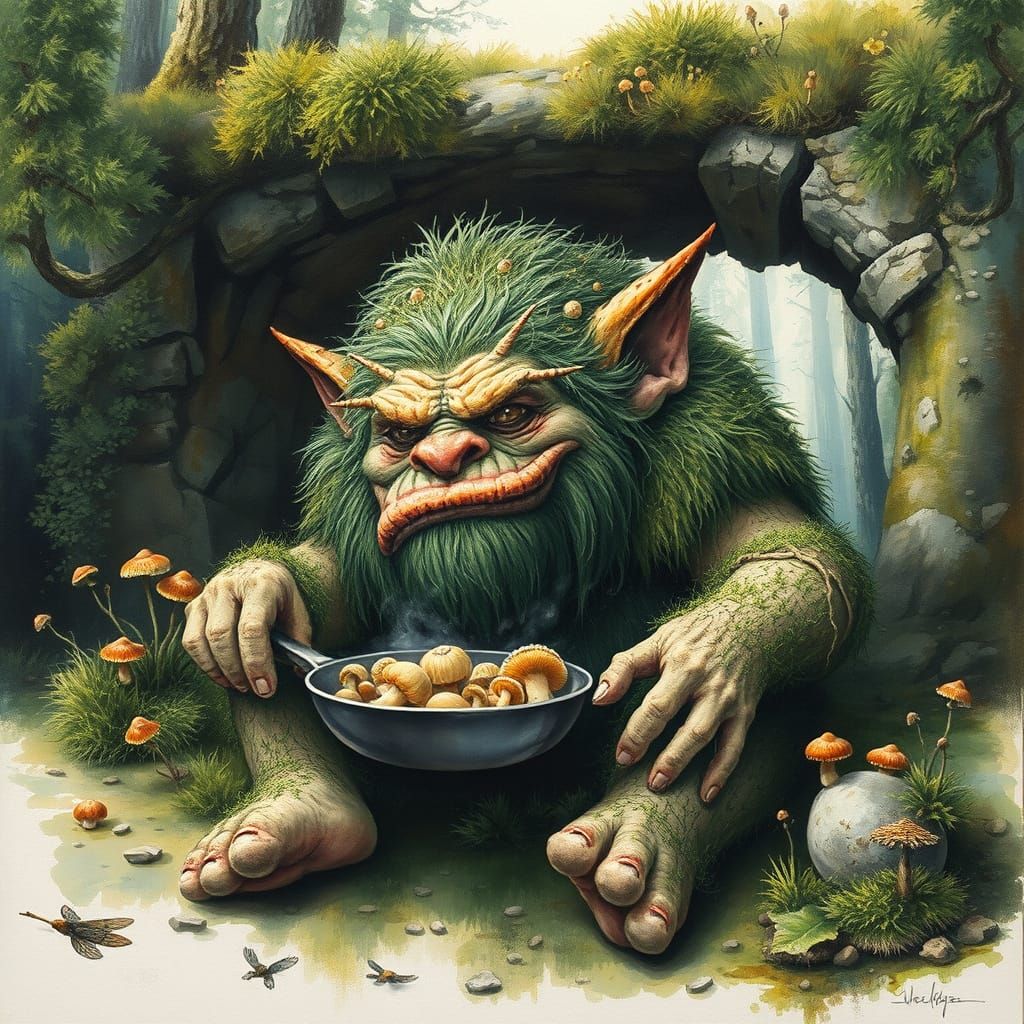 Good-Natured Forest Troll Cooking Mushrooms as Gouache Paint...