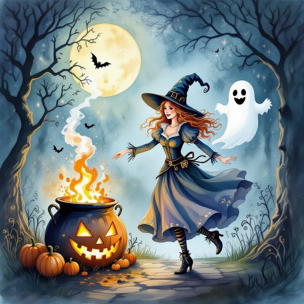 Whimsical Witch Dances Around Cauldron with Ghost and Pumpki...