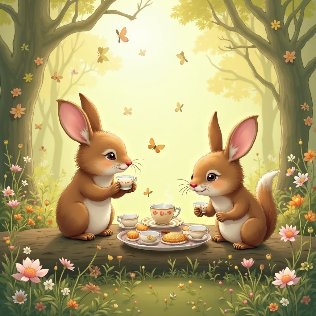 Woodland Creatures Enjoy a Whimsical Tea Party