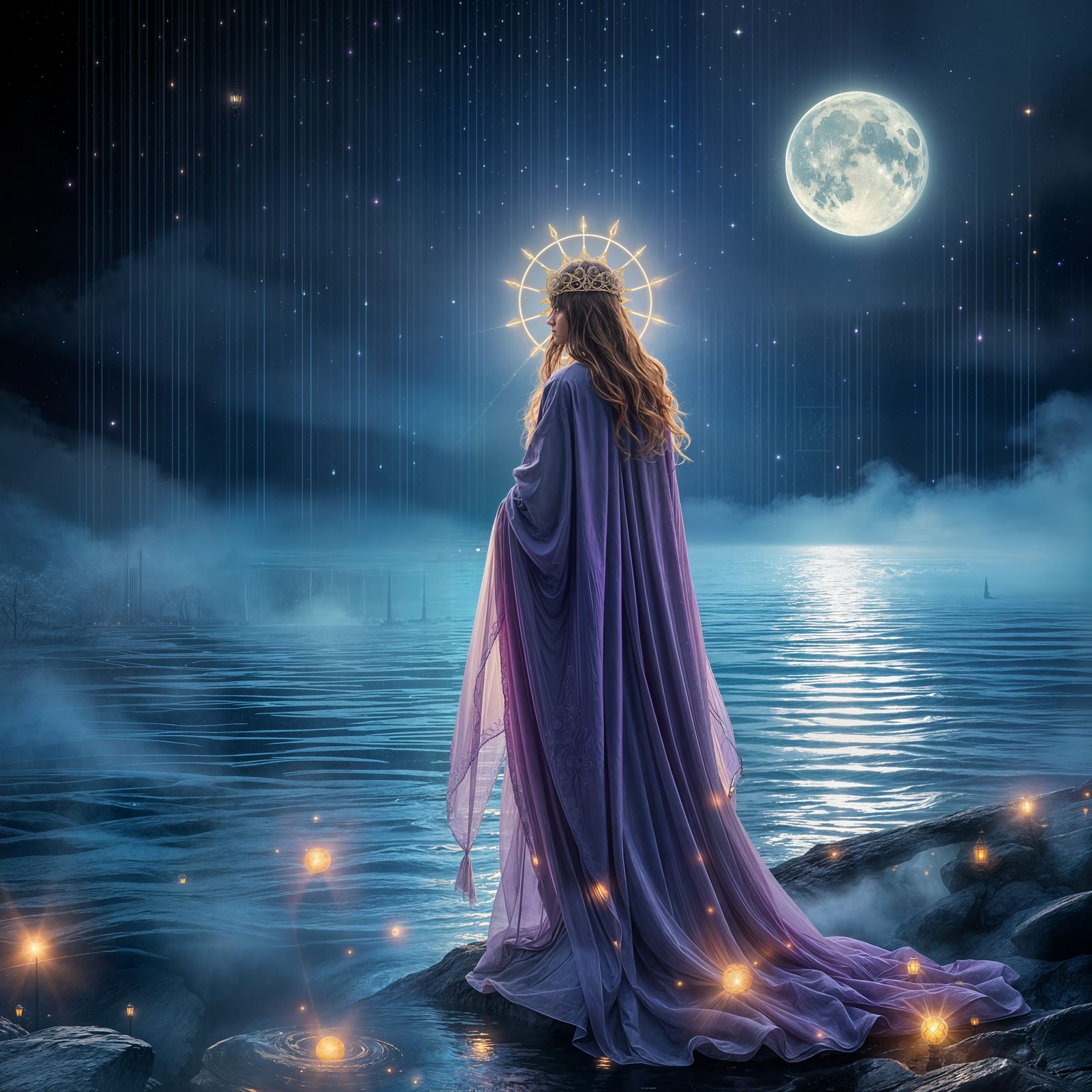 Mystical Priestess Under Celestial Shower