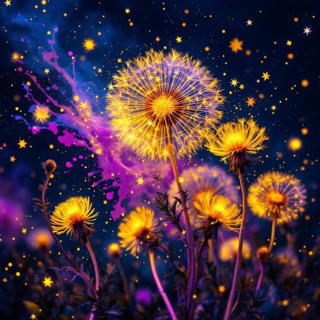 Luminous Dandelions in Starry Night Sky