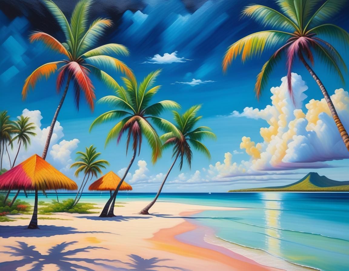 Polynesian Beach Palm Trees in Fauvist Oil Painting